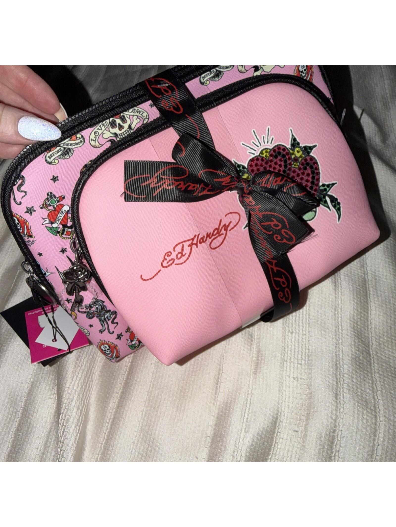 Ed Hardy Womens Pink 2pc Cosmetic Bag Set Brand New